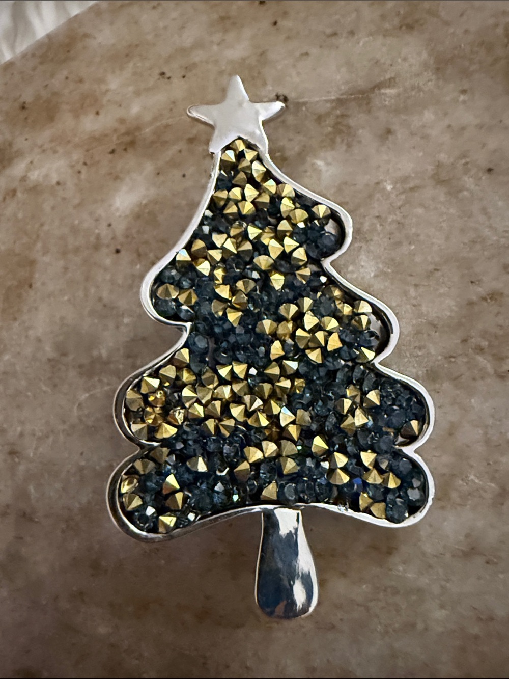 Silver Christmas Tree Ornament Pin with Gold and Crystals